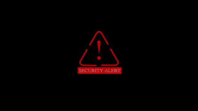 Digital security alert with red colored icon animation. Business server showing digital scam,  private confidential database, fraud alert and spam alert risk connected by lines on a black background.
