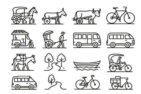 Horse vector donkey eco rural transport carriage hand bicycle icon wooden footpath