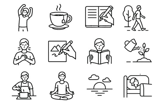 Detox reading observation exercise icons stretch routine icon book walk digital sunset