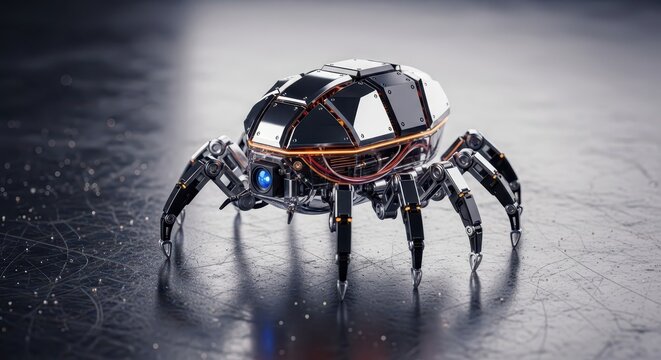 Sophisticated metallic mechanical insectoid device rests on a dimly lit industrial surface - Powered by Adobe