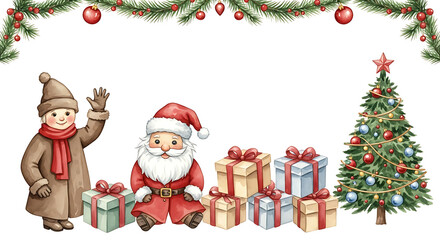 Christmas presents near Santa, Christmas tree, and a child create festive scene for holiday. Christmas presents are decorated with ribbons and placed next to Santa Claus illustration.