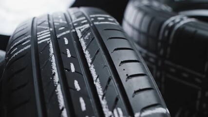 Close-up view of stacked car tires with white markings detail