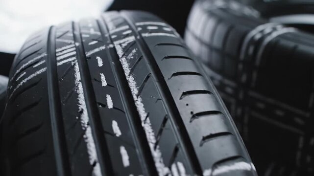 Close-up view of stacked car tires with white markings detail