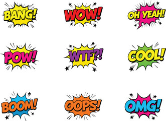 Colorful comic style expression bubble set with bold text effects, dynamic pop art elements, vibrant explosive shapes, fun cartoon typography, isolated design