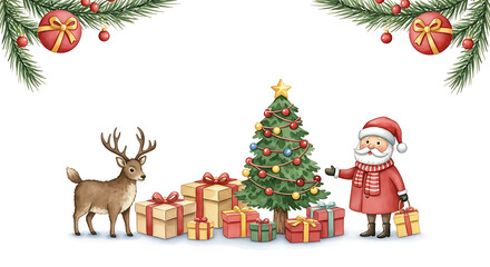 Christmas background with festive ornaments and gifts for holiday greetings, Christmas background includes tree with star, gifts, reindeer, and jolly Santa Claus.