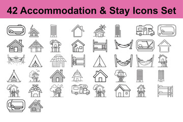 Set of 42 Accommodation and Stay Icons Featuring Camping, Hostel, and Hotel Outlines in Line Style for UI, UX, Web, Apps, and Graphic Design Projects