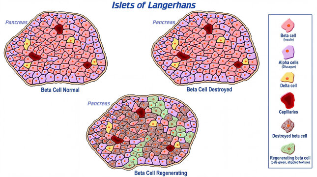 Islets of Langerhans illustration showing normal destroyed and regenerating beta cells medical diagr