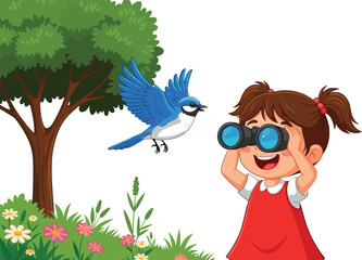 “Happy little girl birdwatching with binoculars outdoors while observing a flying blue bird near a tree in a colorful floral landscape”