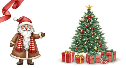 Christmas illustration featuring Santa Claus, classic decorated Christmas tree, and wrapped gifts. Christmas illustration for holiday greetings, festive themes, and seasonal events.