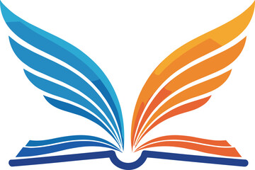 “Colorful open book with abstract blue and orange wing shapes symbolizing knowledge, creativity, education, imagination, learning, growth, and inspiration”