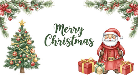 Merry Christmas scene with decorated pine tree, Santa Claus, and gift boxes for holiday season. Christmas scene including festive elements ideal for greeting cards.