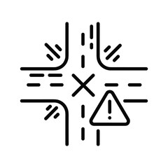 Black and white line icon of a dangerous intersection with warning sign