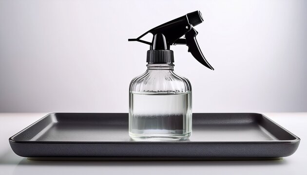 clear glass spray bottle with black trigger partially filled with liquid rests on a grey square tray against a white backdrop