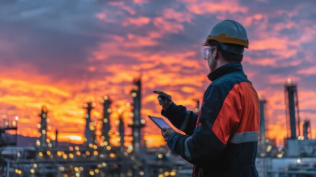 Worker using tablet in industrial area during vibrant sunset with colorful skies and silhouettes of factories in background
