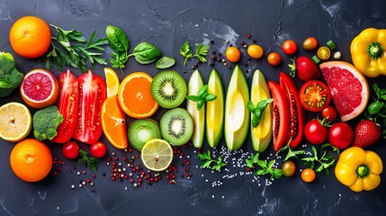 Vibrant Fresh Fruits and Colorful Vegetables on Dark Surface for Healthy Eating Inspiration.
