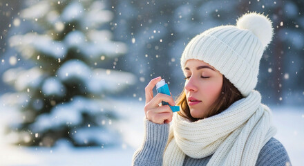 Young woman uses an asthma inhaler outdoors in snowy, cold winter weather. Focus on seasonal health, breathing, and medical relief