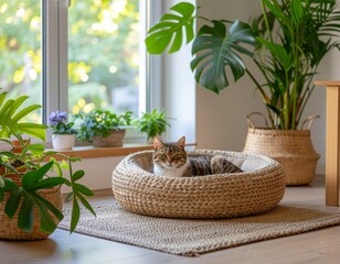 Adorable tabby cat resting comfortably in a woven basket in a sunlit room with houseplants.