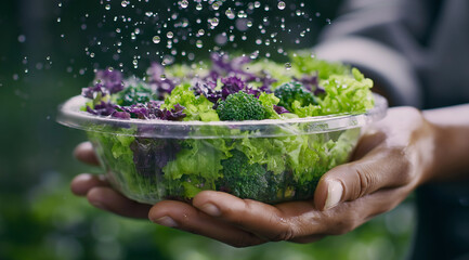 Person holding fresh vegetables like lettuce leaves and broccoli florets in their hands, with greenish-purple droplets of water floating above the salad bowl on top of it