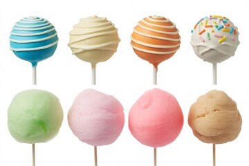 Assorted cake pops and cotton candy sweet treats for dessert or party favors