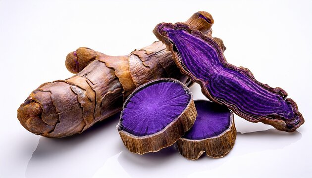 meticulously arranged dried black ginger roots two sliced revealing vibrant deep purple flesh sharp macro close up on white background copy space scientific herbal medicine concept