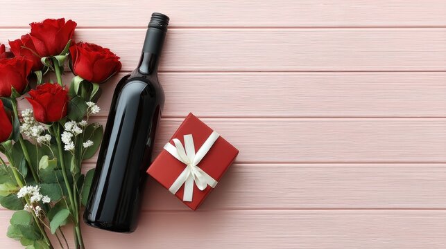 Valentine's Day celebration with red roses, a gift box, and a bottle of wine on a pink wooden table for a romantic greeting card design