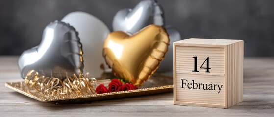 Celebrate love on February 14 with red roses, heart-shaped balloons, and a wooden cube calendar marking Valentine's Day festivities