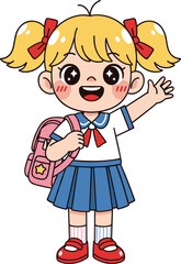 Cute cartoon schoolgirl waving happily with backpack, cheerful child character in school uniform, adorable student illustration for education, learning and children themes