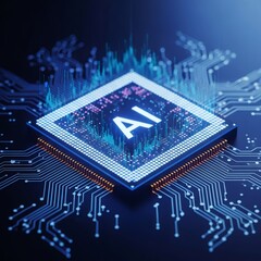 Fototapeta premium AI processor. Artificial intelligence microchip with glowing circuit board. Concept of computer hardware for machine learning and deep learning.
