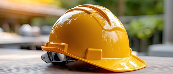 Vibrant sunset background with construction helmet on table highlighting safety for engineers and workers during project activities