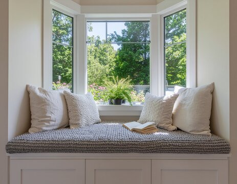 Cozy window seat nook with pillows and a book in a bright bay window overlooking a green garden.