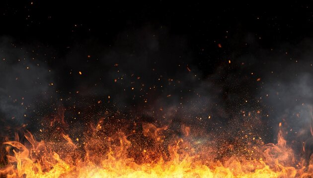 background with fire sparks embers and smoke overlay effect of burn coal grill hell or bonfire with flame glow flying orange sparkles and fog on black background