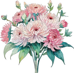handdrawn manga cluster of Chrysanthemum with mixed blooms and leaves