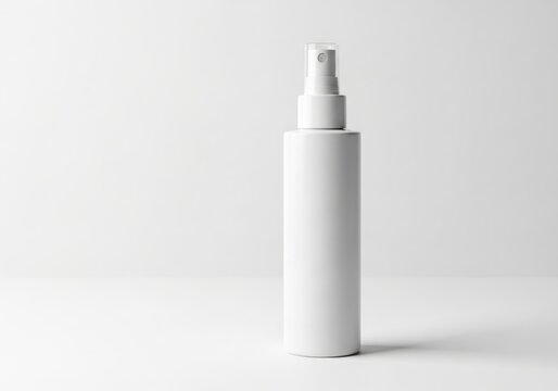 A plain white spray bottle with a white pump dispenser, isolated on a white background