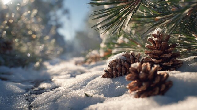 snow-covered pine cones under sunlight,