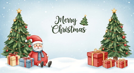 Merry Christmas wishes showcased with Santa Claus character and festive presents under Christmas trees, creating holiday scene. Merry Christmas greetings evoke festive atmosphere of winter season.