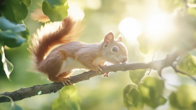 Squirrel perched on branch with sunlight forest background