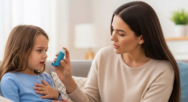 A worried mother offering an asthma inhaler to her distressed young daughter who is struggling to breathe at home. Concept of child health care