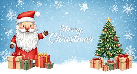 Merry Christmas illustration featuring Santa Claus, Christmas tree, and gifts in a snowy scene. Merry Christmas is celebrated around the world, symbolizing joy and festivities, with Santa Claus,