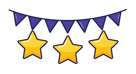 Colorful bunting flags and golden stars create a festive and celebratory decoration