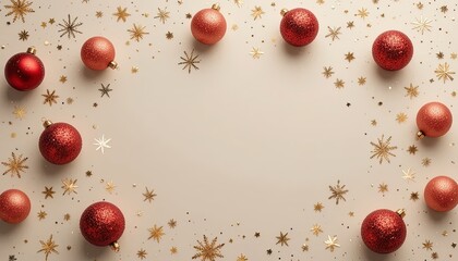 Festive holiday cheer with red ornaments and golden snowflakes create a magical Christmas card design or elegant New Year's party invitation background