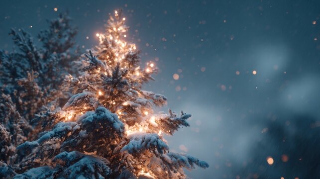 snow-covered pine tree decorated with glowing lights - Powered by Adobe