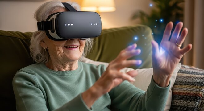 Smiling elderly woman interacts with virtual reality simulation using a headset device - Powered by Adobe