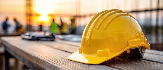 Construction workers preparing for the day with a bright yellow helmet on a wooden table during a stunning sunset