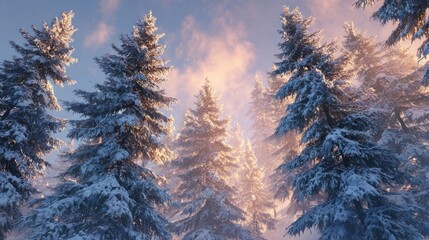 snow-covered pine tree forest with sunrise glow,