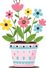 Colorful cartoon flowers in decorative pink pot, cute spring floral plant illustration, bright blooming garden vector art design