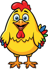 Cute yellow cartoon chicken smiling happily, colorful farm bird mascot illustration, funny animal character vector isolated on white background