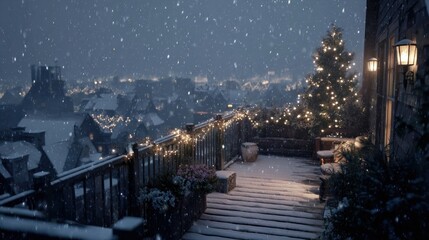 snow-covered rooftop with softly glowing Christmas lights