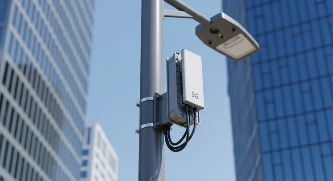 5g small cell base station mounted on a pole with a street light. Next-generation communication technology for smart city infrastructure and connectivity.