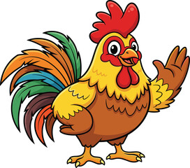 Happy colorful cartoon rooster waving hand, cheerful farm chicken mascot illustration, friendly animal character vector isolated on white background