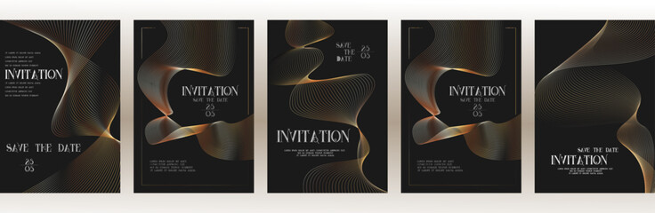 Golden Luxury  invitation card background, Premium geometric wave gold line frame typography design. Elegant Template for advertising, gala card, grand opening, party invitation, layout big set.